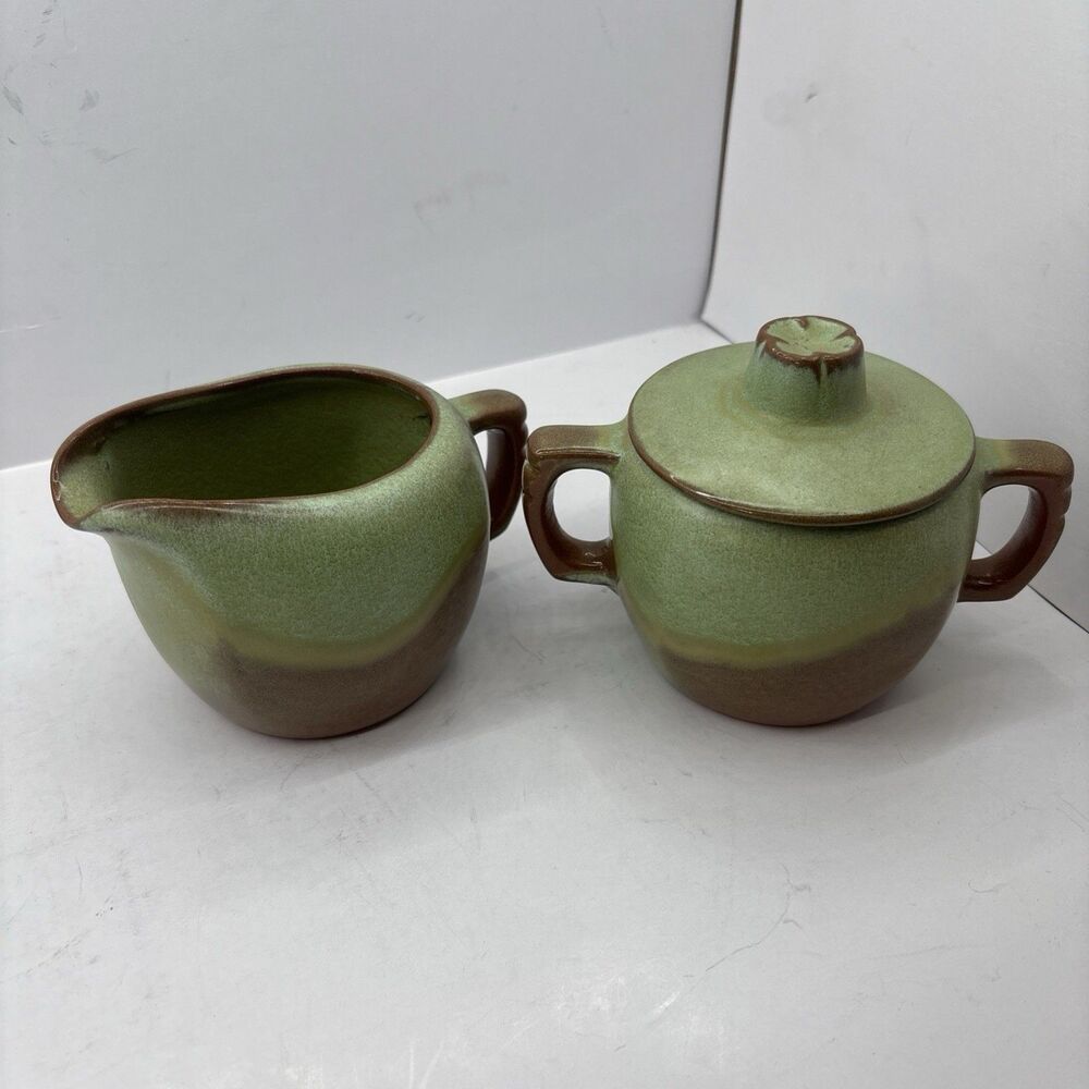 Vintage Frankoma Plainsman Prairie Green Cream & Sugar With Lid 5A & 5B